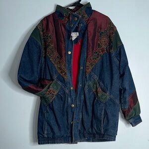 Vintage Denim Jean Jacket with Multicolor Patchwork